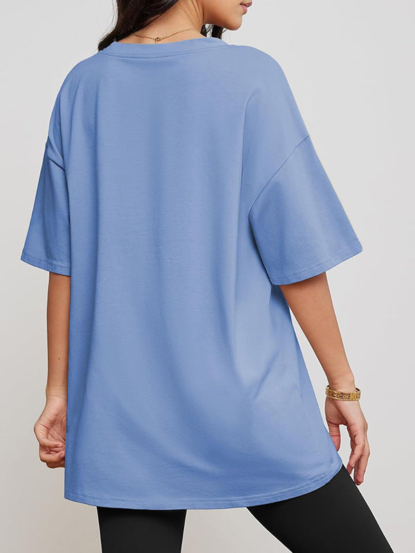 Short Sleeves Solid Color Split-Joint V-Neck T-Shirts