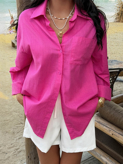 Long Sleeves Loose Buttoned Pockets Solid Color Split-Joint Lapel Blouses&Shirts Tops