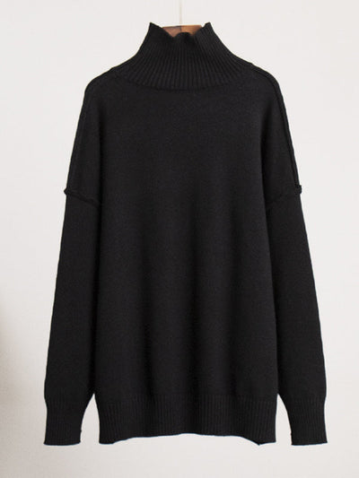 Long Sleeves Loose Solid Color Split-Joint High Neck Pullovers Sweater Tops