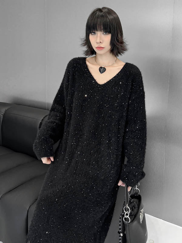 Irregularity Long Sleeves Contrast Color Sequined Shiny Split-Joint Tasseled V-Neck Midi Dresses Sweater Dresses