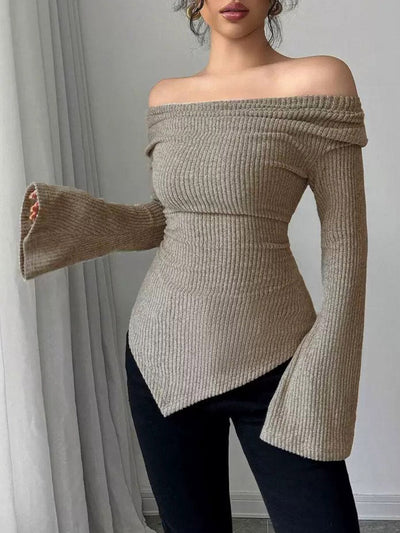 Flared Sleeves Irregularity Pleated Ribbed Knit Solid Color Heaps Collar T-Shirts Tops