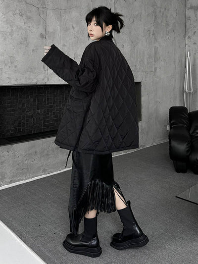 Long Sleeves Loose Plaid Quilted Solid Color Split-Joint Tied Collarless Outerwear Padded Coat