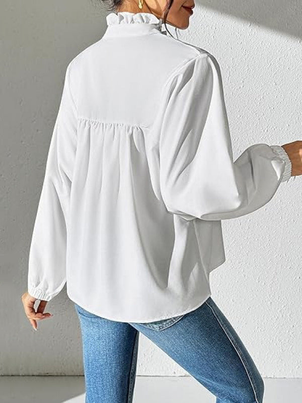 Long Sleeves Puff Sleeves Pleated Ruffled Solid Color Stand Collar Blouses&Shirts Tops