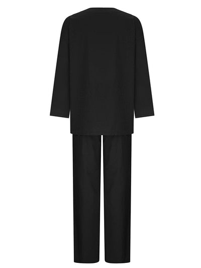 Solid Color Loose Long Sleeves Round-Neck Shirts Top + Drawstring Pants Bottom Two Pieces Set