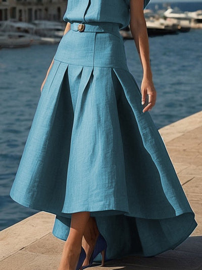 High Waisted High-Low Belted Pleated Solid Color Skirts Bottoms