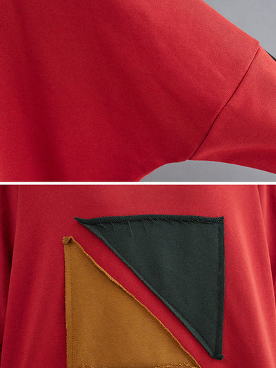 Artistic Retro Loose Triangle Applique Contrast Color Round-Neck Long Raglan Sleeves Sweatshirt