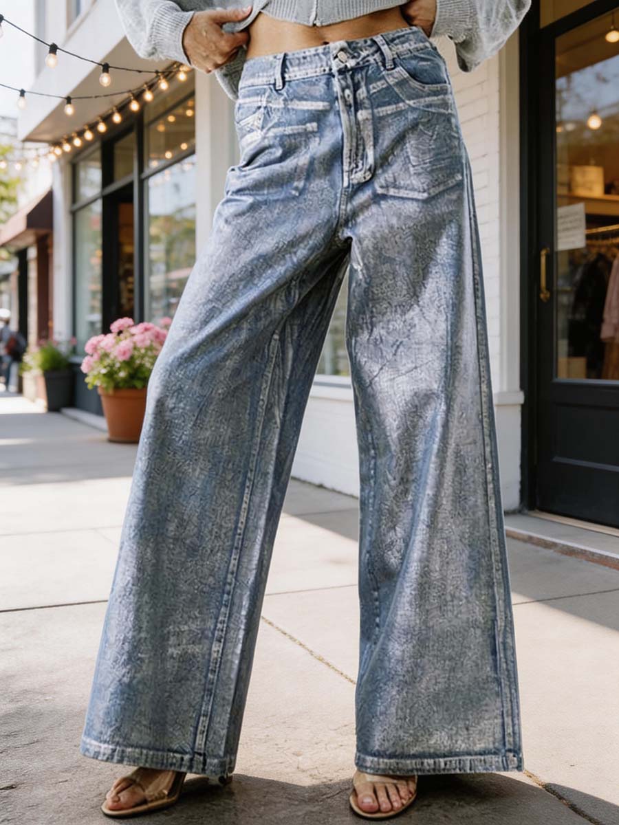 High Waisted Loose Printed Split-Joint Jean Pants Bottoms