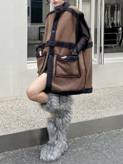 Loose Sleeveless Buttoned Pockets Split-Joint Stand Collar Vest Outerwear