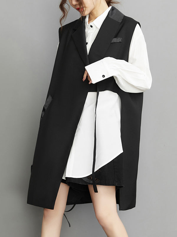 Sleeveless Asymmetric Pockets Tied Notched Collar Vest Outerwear