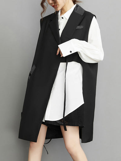 Sleeveless Asymmetric Pockets Tied Notched Collar Vest Outerwear