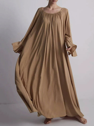 Flared Sleeves Loose Pleated Solid Color Split-Joint Round-Neck Maxi Dresses