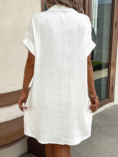 Loose Short Sleeves Buttoned Pockets Lapel Mini Dresses
