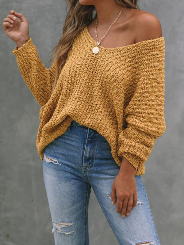 Long Sleeves Loose Solid Color V-Neck Knitwear Pullovers Sweater Tops