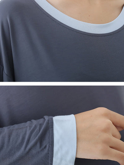 Long Sleeves Loose Contrast Color Round-Neck Two Pieces Pajama Set