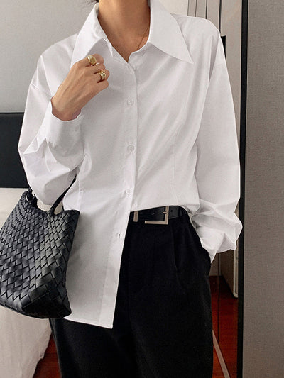Long Sleeves Loose Buttoned Solid Color Lapel Blouses&Shirts Tops
