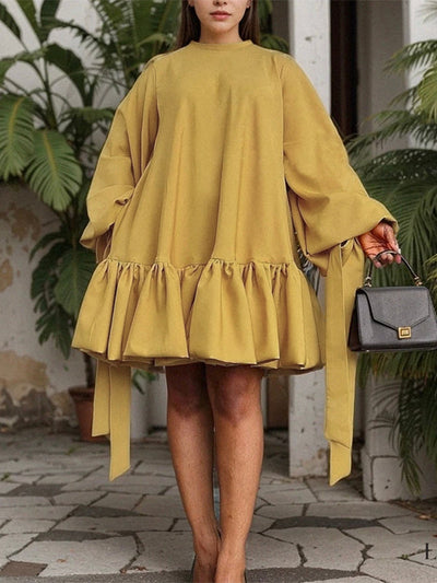 Long Sleeves Loose Falbala Solid Color Stand Collar Mini Dresses