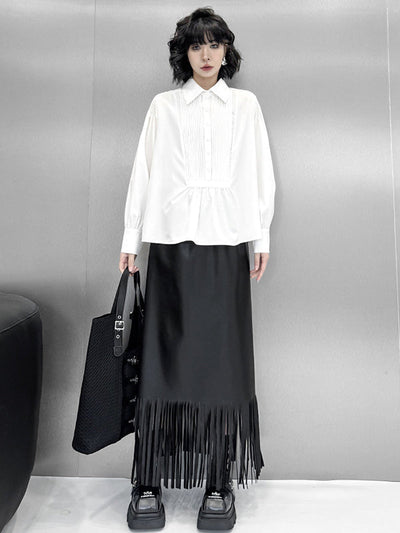 Long Sleeves Loose Buttoned Pleated Solid Color Polo Blouses&Shirts Tops