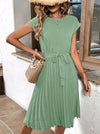 A-Line Loose Pleated Solid Color Tied Waist Round-Neck Midi Dresses