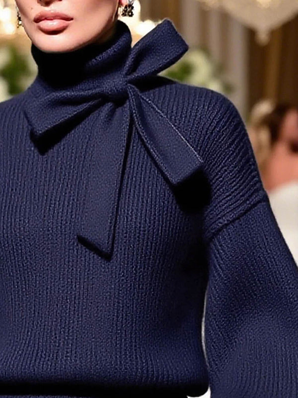 Loose Puff Sleeves Bowknot Solid Color Split-Joint High Neck Sweater Tops