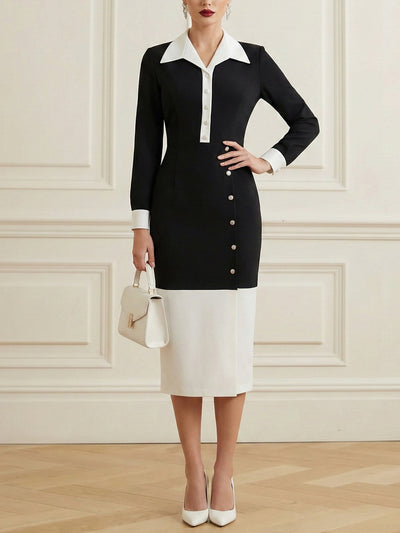High Waisted Long Sleeves Buttoned Contrast Color Split-Front Split-Joint Lapel Midi Dresses