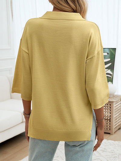 Half Sleeves Loose Solid Color Lapel Blouses&Shirts Tops Sweater Tops