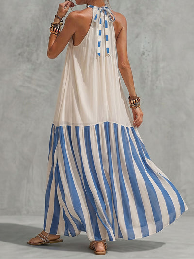 A-Line Loose Contrast Color Pleated Striped Halter-Neck Maxi Dresses