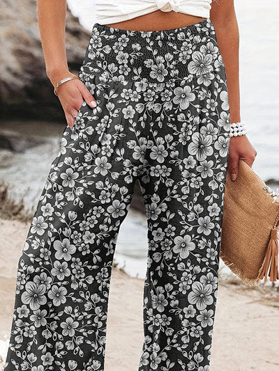 High Waisted Loose Elasticity Flower Print Pleated Pockets Pants Trousers