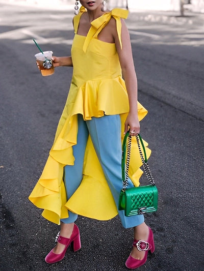 High-Low Irregularity Tied Tube Blouses&Shirts Tops