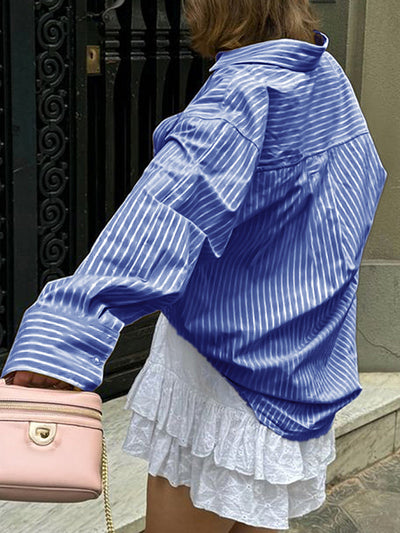 Long Sleeves Loose Buttoned Pockets Striped Lapel Blouses&Shirts Tops