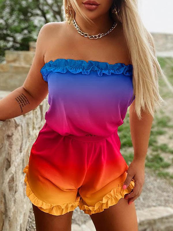 High Waisted Plus Size Gradient Ruffled Tied Waist Tube Rompers