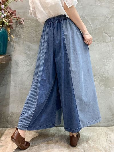 Loose  Drawstring Elasticity Plaid Split-Joint Ninth Jean Pants Bottoms