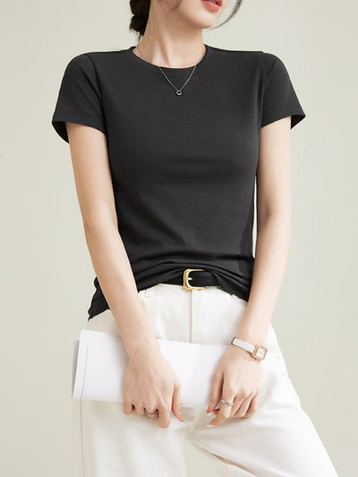Short Sleeves Skinny Solid Color Round-neck T-Shirts Tops
