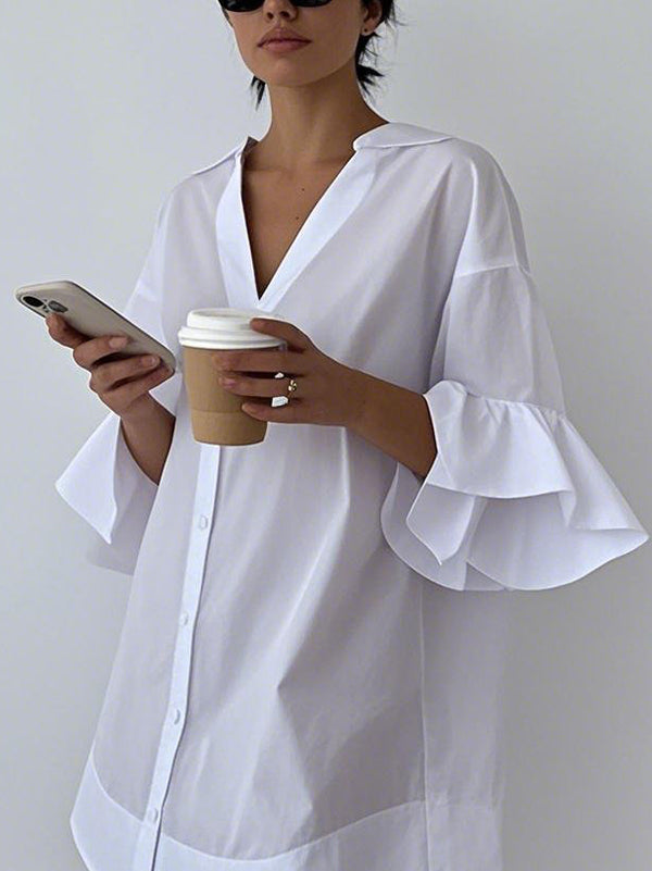 A-Line Flared Sleeves Buttoned Pleated Solid Color Split-Joint V-Neck Mini Dresses Shirt Dress
