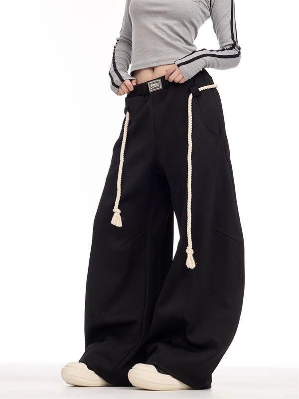 High Waisted Loose Drawstring Elasticity Pockets Solid Color Pants Trousers