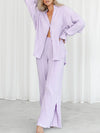 Flared Sleeves Long Sleeves Buttoned Drawstring Pleated Solid Color Split-Side Lapel Shirts Top + Pants Bottom Pajama Sets