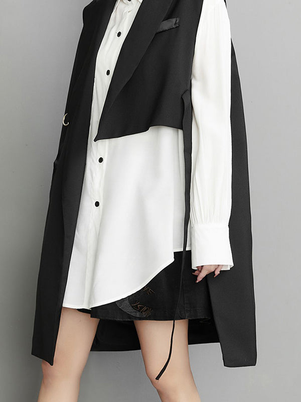 Sleeveless Asymmetric Pockets Tied Notched Collar Vest Outerwear