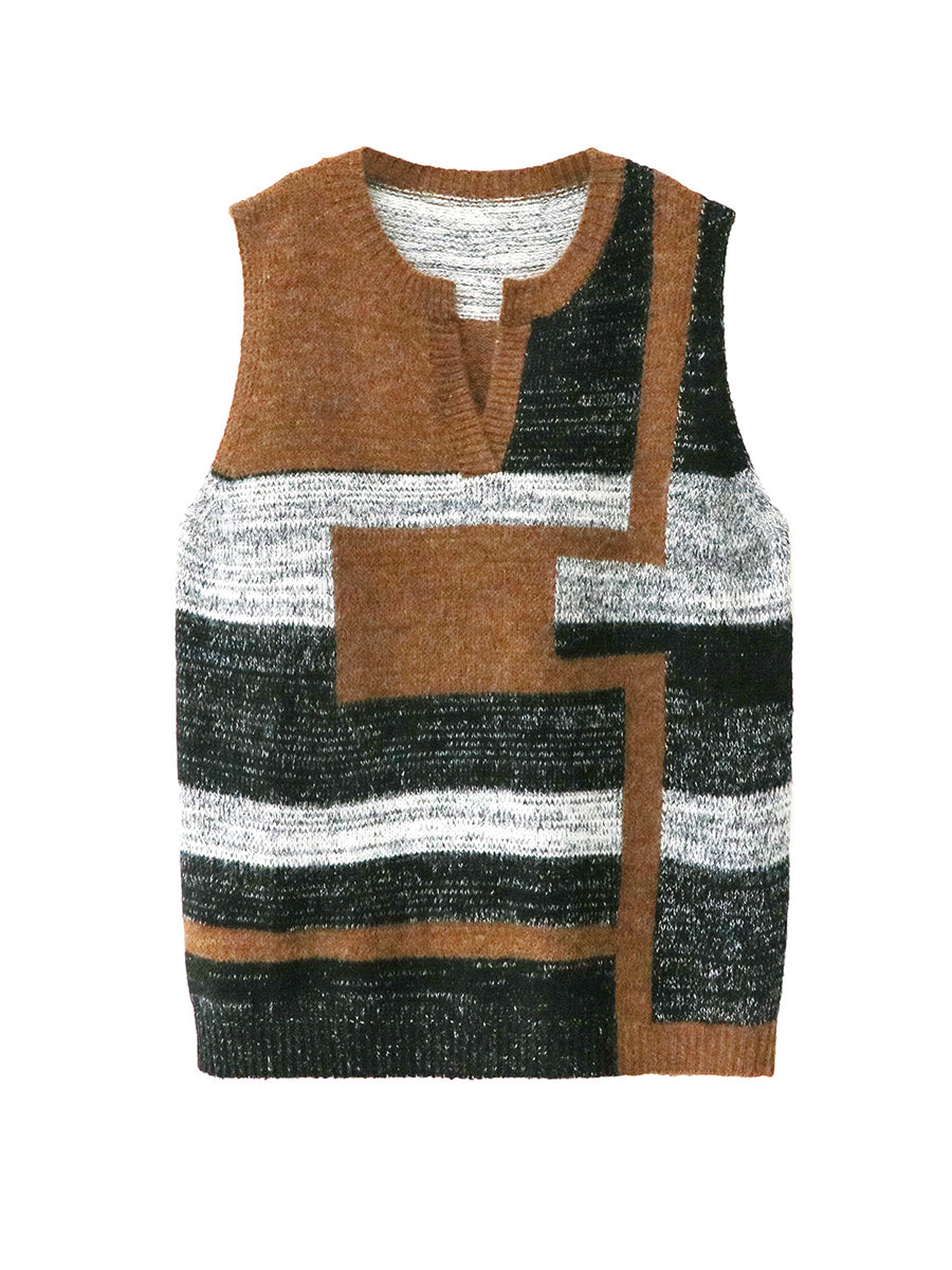Loose Sleeveless Contrast Color Geometric Split-Joint Striped V-Neck Outerwear Vest Top