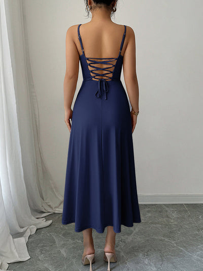 A-Line High Waisted Backless Pleated Solid Color Spaghetti-Neck Midi Dresses