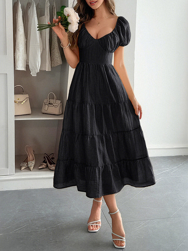 A-Line Loose Backless Pleated Solid Color Tied V-Neck Midi Dresses