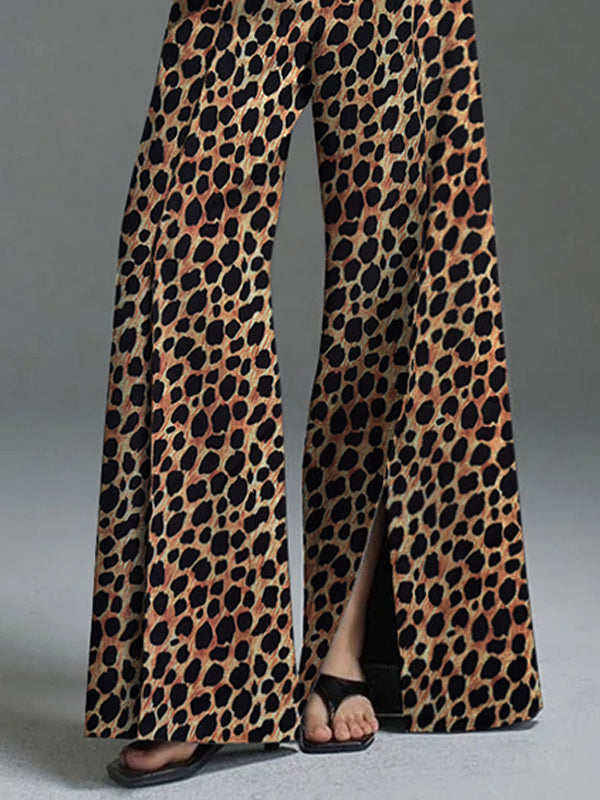 Loose Wide Leg Leopard Split-Front Casual Pants Bottoms Trousers