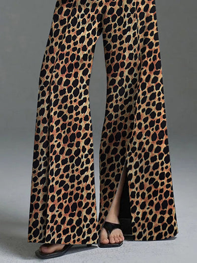 Loose Wide Leg Leopard Split-Front Casual Pants Bottoms Trousers