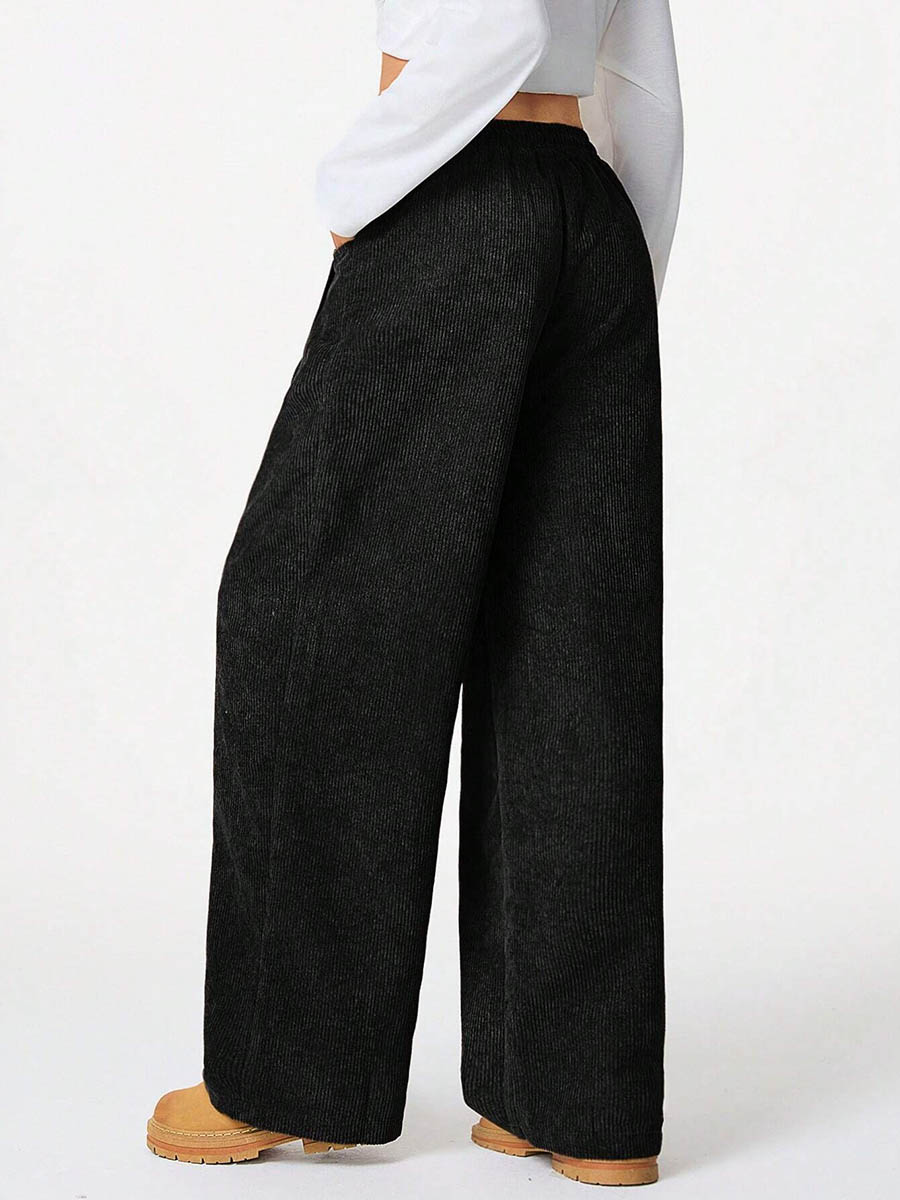 High Waisted Wide Leg Drawstring Elasticity Pockets Solid Color Pants Trousers