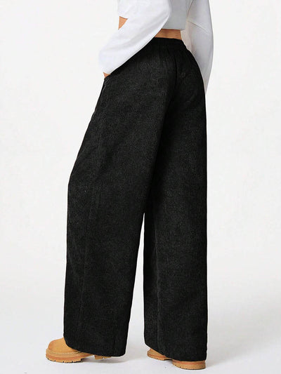 High Waisted Wide Leg Drawstring Elasticity Pockets Solid Color Pants Trousers