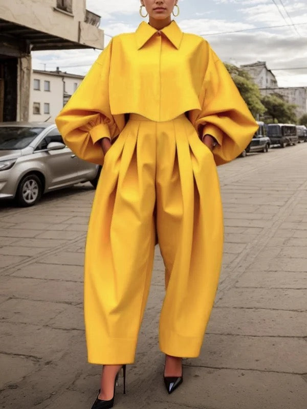 High-Low Loose Pleated Pockets Solid Color Pants Trousers