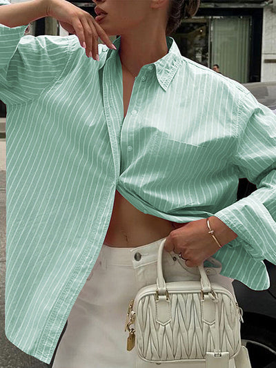 Long Sleeves Loose Buttoned Contrast Color Pockets Striped Lapel Blouses&Shirts Tops