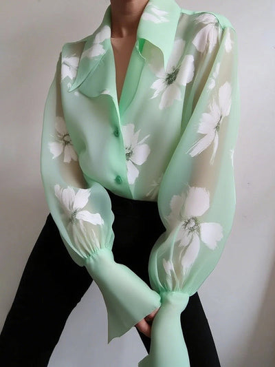 Puff Sleeves Floral Printed Gauze Pleated See-Through Split-Joint Lapel Blouses&Shirts Tops