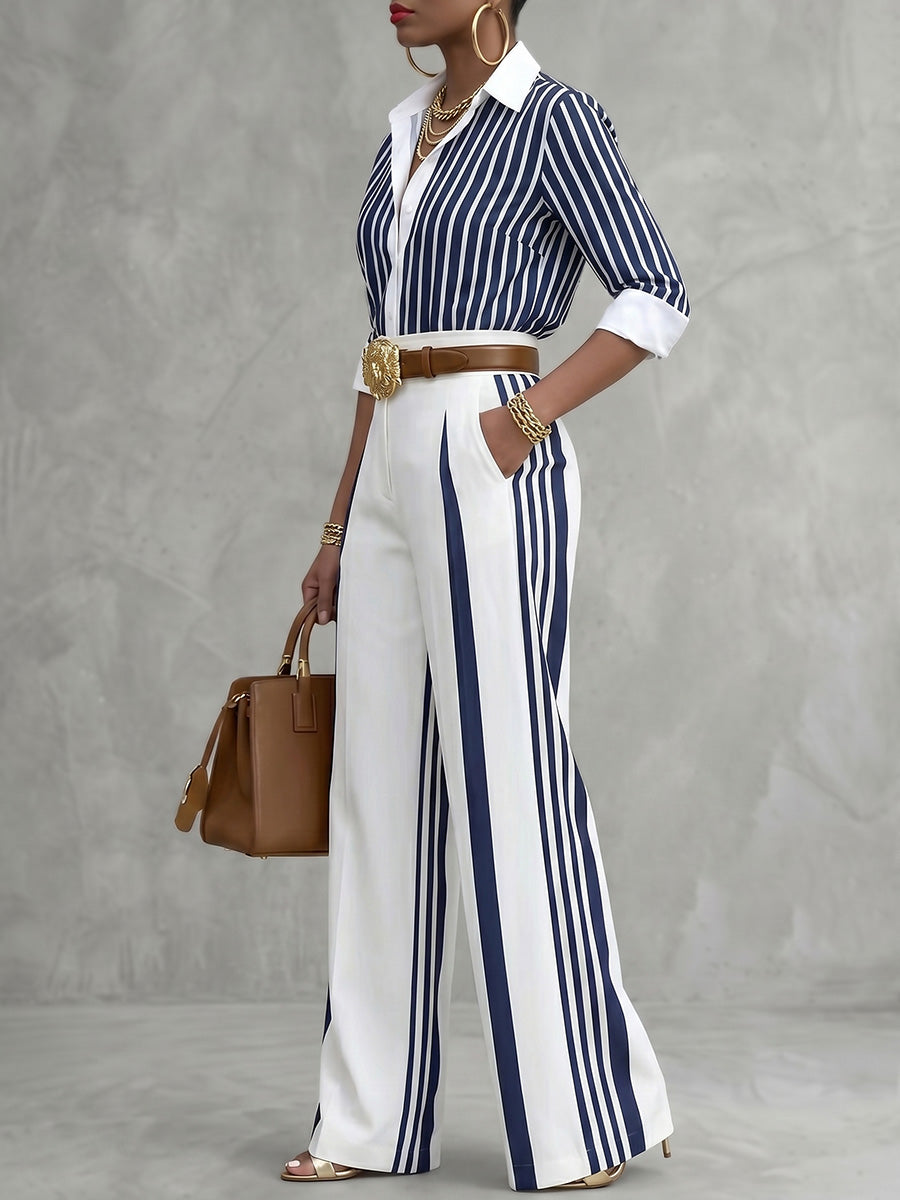 High Waisted Wide Leg Contrast Color No Belt Pockets Pants Trousers