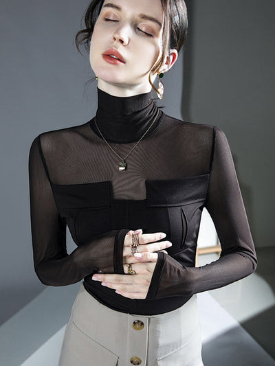 Long Sleeves Skinny See-Through Solid Color Split-Joint High Neck Blouses&Shirts Tops