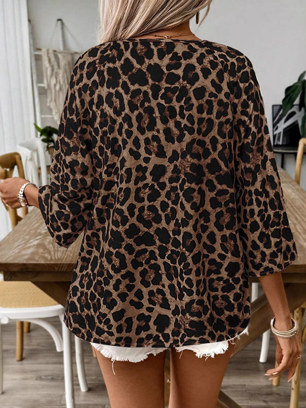 Loose Three-Quarter Sleeves Drawstring Leopard Printed V-Neck Blouses&Shirts Tops