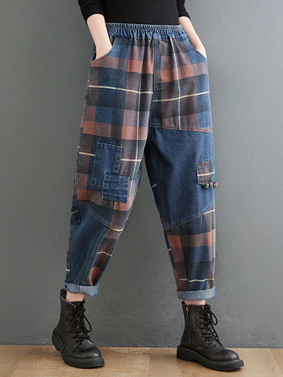 Original Artistic Retro Plaid Jean Pants